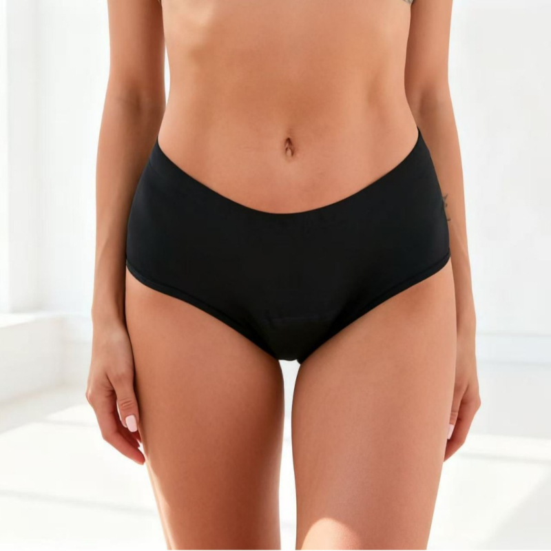 Fyziologické nohavičky pre ženy – proti úniku, štvordielny dizajn; hlavná tkanina Nylon/Polyamid 78%; vnútorný panel chrbta: Polyester 80%; stredný pás; pletený materiál