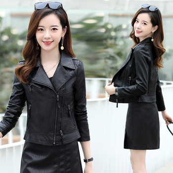 Dámska kožená bunda z pravej ovčej kože, úzky strih, biker štýl, zips predný, golier typu saka, dlhé rukávy, normálna dĺžka 50–65 cm, jar 2024