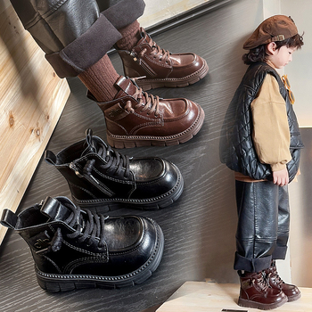 Detské zimné topánky v britskom štýle, umelá koža, fleecová podšívka, bočný zips, gumová podrážka