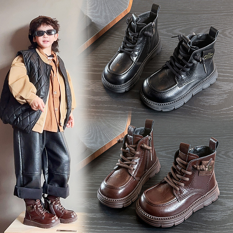 Detské zimné topánky v britskom štýle, umelá koža, fleecová podšívka, bočný zips, gumová podrážka