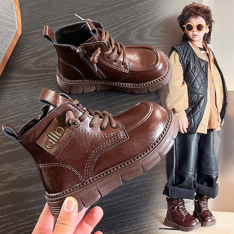 Detské zimné topánky v britskom štýle, umelá koža, fleecová podšívka, bočný zips, gumová podrážka