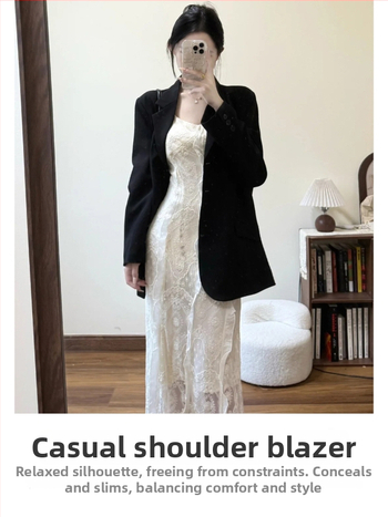 Blazer - Kórejský štýl, voľný strih, midi dĺžka, sakový golier, polyester-spandex zmes