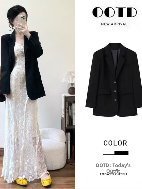 Blazer - Kórejský štýl, voľný strih, midi dĺžka, sakový golier, polyester-spandex zmes