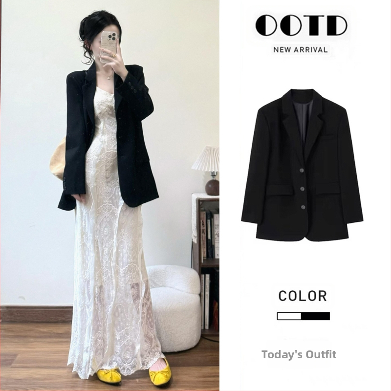 Blazer - Kórejský štýl, voľný strih, midi dĺžka, sakový golier, polyester-spandex zmes