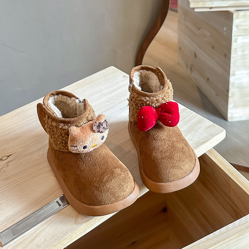 Detské zimné topánky s fleecovou podšívkou, hrubé, s motívom mačky z kresleného filmu, protišmyková gumová podrážka, bočný zips