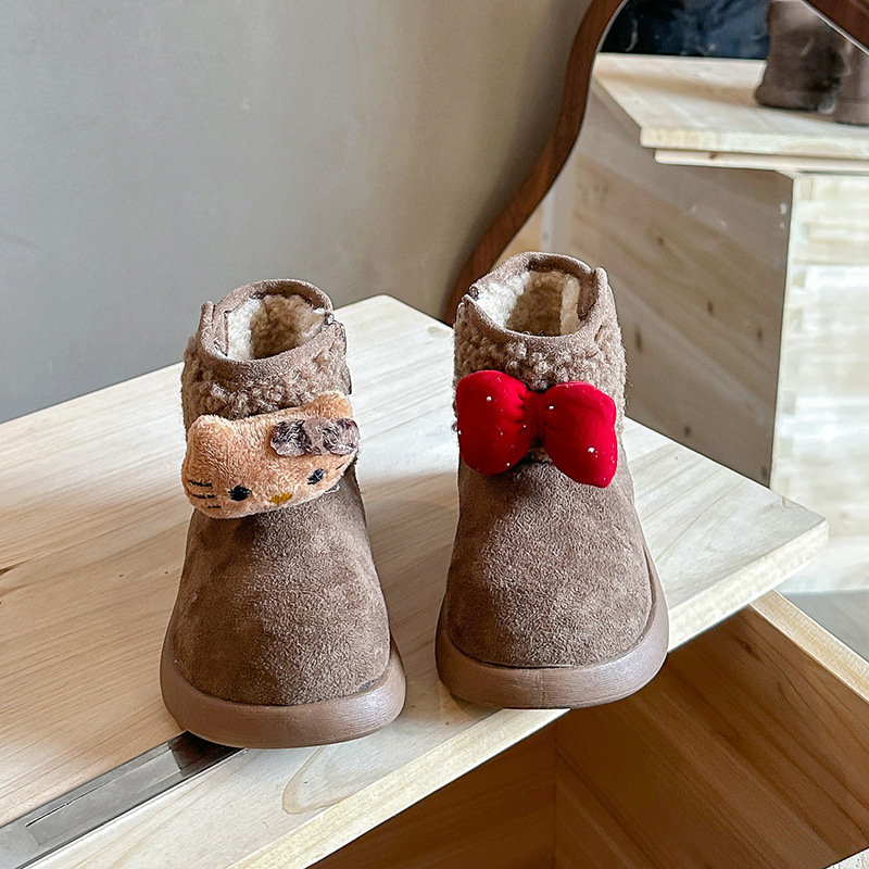 Detské zimné topánky s fleecovou podšívkou, hrubé, s motívom mačky z kresleného filmu, protišmyková gumová podrážka, bočný zips