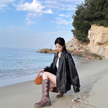 Dámska imitovaná kožená bunda, ultra krátka dĺžka ≤40 cm, zips, golier Turn-Down, jar 2025