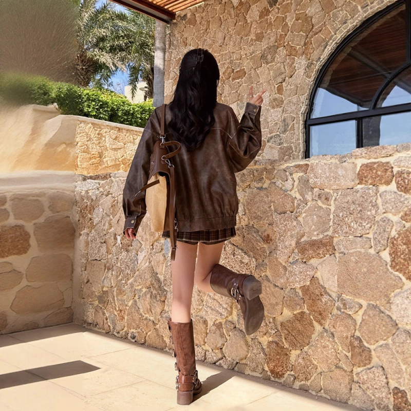 Dámska imitovaná kožená bunda, ultra krátka dĺžka ≤40 cm, zips, golier Turn-Down, jar 2025