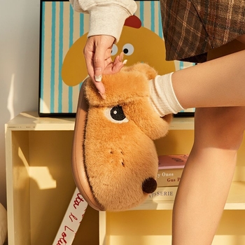 Unisex vnútorné papuče z bavlny s plyšovou podšívkou — stredná výška, EVA podrážka, motív kresleného šteniatka