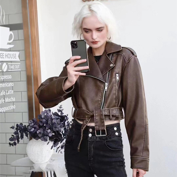 Dámska PU kožená krátka bunda s reverom, štíhla silueta, zips vpredu