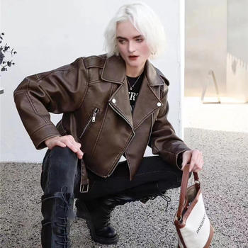 Dámska PU kožená krátka bunda s reverom, štíhla silueta, zips vpredu