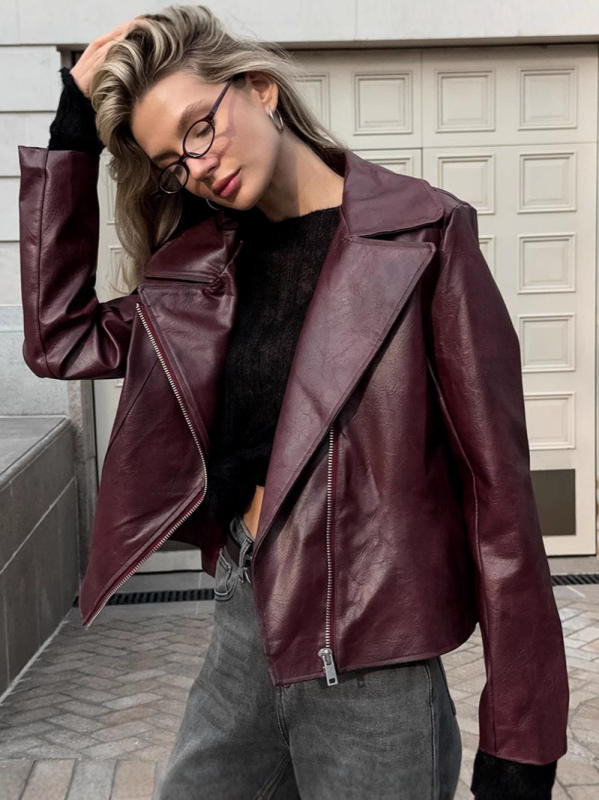 Dámska PU kožená bunda so sako-golierom, zipsom a dlhými rukávmi; PU a polyesterová zmes; Zima 2024.