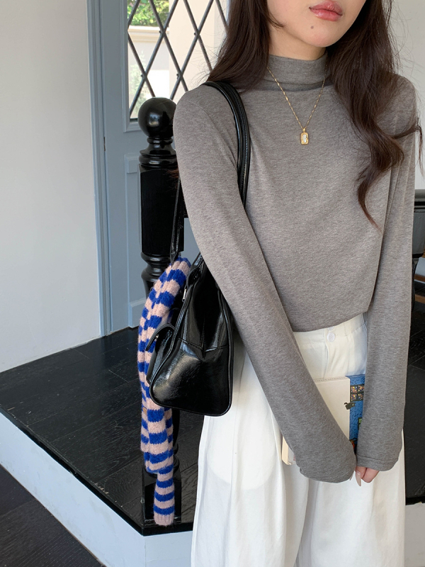 Tričko – Polovysoký golier, Dlhé rukávy, Patchwork, Viskóza, Jednobarevné