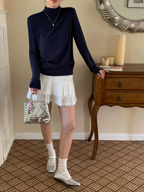 Tričko – Polovysoký golier, Dlhé rukávy, Patchwork, Viskóza, Jednobarevné