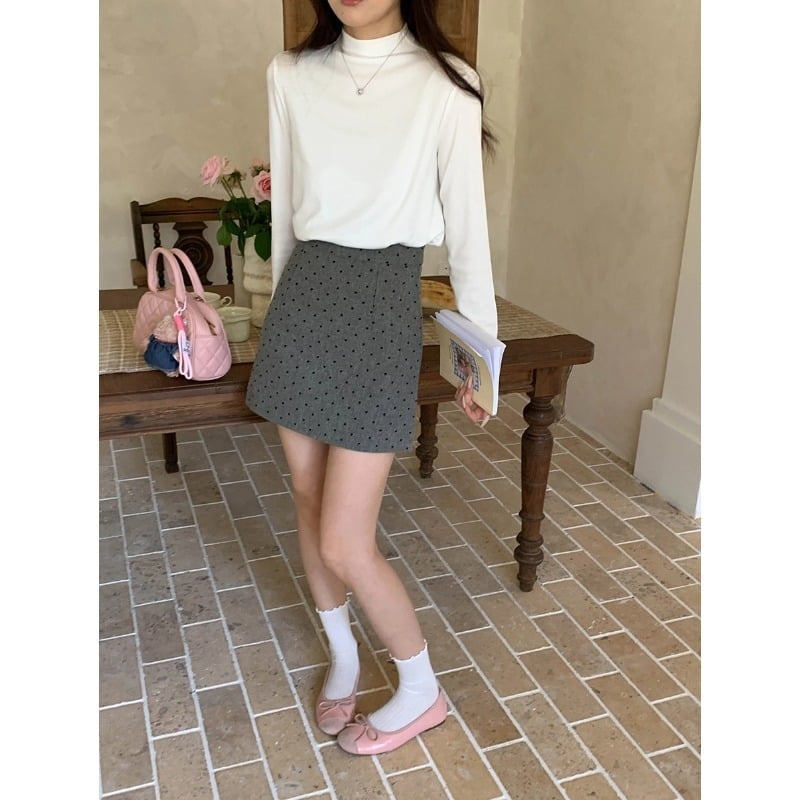 Tričko – Polovysoký golier, Dlhé rukávy, Patchwork, Viskóza, Jednobarevné