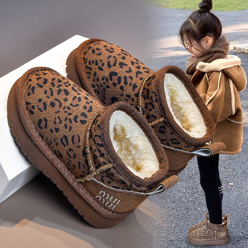 Detské zimné topánky s leopardím vzorom, vodotesné a teplé, z umelej kože, gumová podrážka