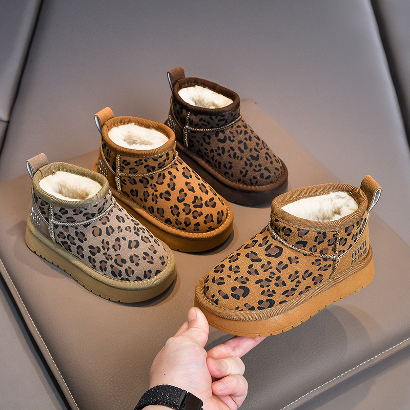 Detské zimné topánky s leopardím vzorom, vodotesné a teplé, z umelej kože, gumová podrážka