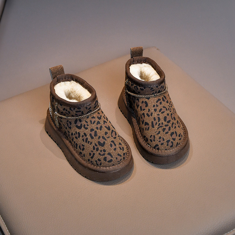 Detské zimné topánky s leopardím vzorom, vodotesné a teplé, z umelej kože, gumová podrážka