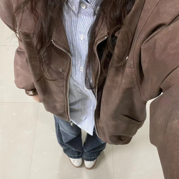 Dámska kožená bunda z umelej kože s polo golierom, zips, voľný strih, jeseň 2025