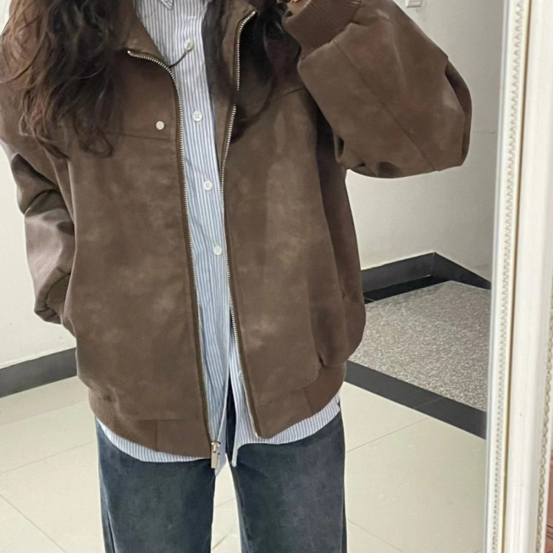 Dámska kožená bunda z umelej kože s polo golierom, zips, voľný strih, jeseň 2025