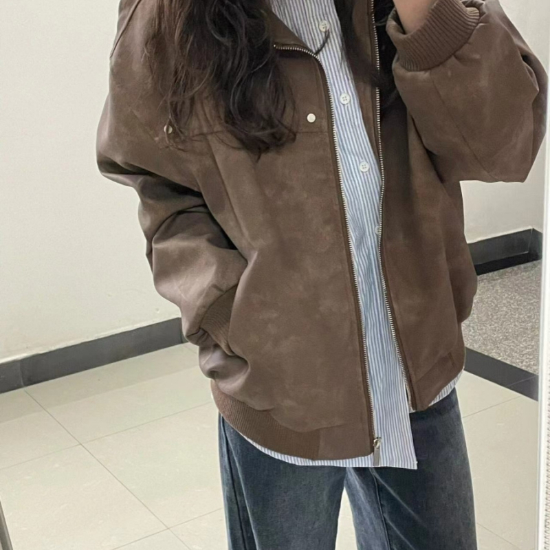 Dámska kožená bunda z umelej kože s polo golierom, zips, voľný strih, jeseň 2025