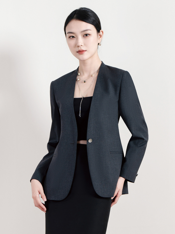 Dámske sako na oblek, bez goliera, polyester-viskoza zmes, dlhé rukávy, zapínanie na jeden gombík, jeseň 2025