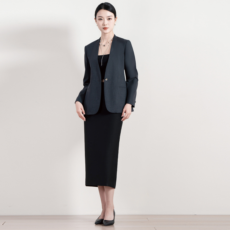 Dámske sako na oblek, bez goliera, polyester-viskoza zmes, dlhé rukávy, zapínanie na jeden gombík, jeseň 2025
