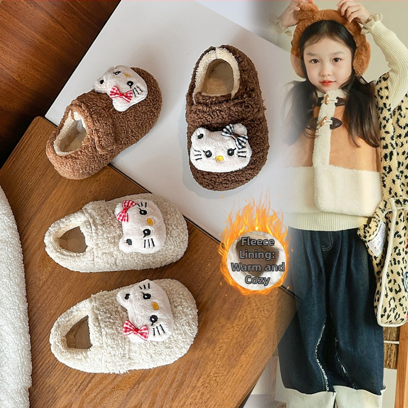 Detské topánky — Cartoon mačací vzor, plyšový štýl, zapínanie na suchý zips, vrchný materiál z ultra mäkkého velúru, gumová podrážka