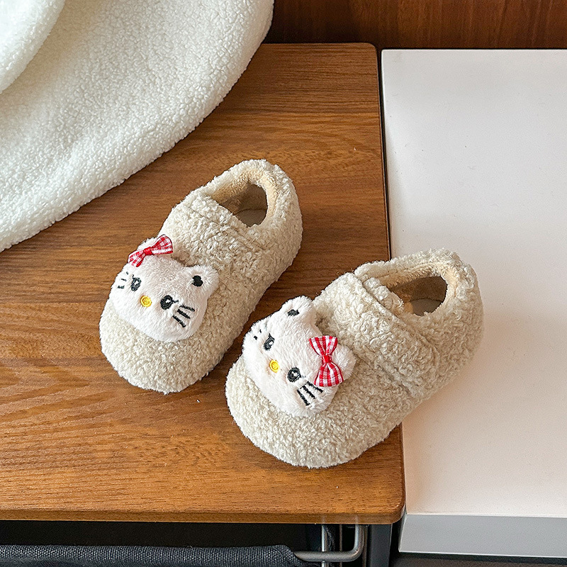 Detské topánky — Cartoon mačací vzor, plyšový štýl, zapínanie na suchý zips, vrchný materiál z ultra mäkkého velúru, gumová podrážka