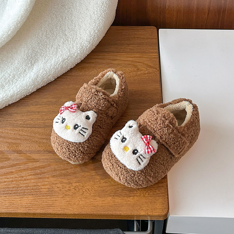 Detské topánky — Cartoon mačací vzor, plyšový štýl, zapínanie na suchý zips, vrchný materiál z ultra mäkkého velúru, gumová podrážka