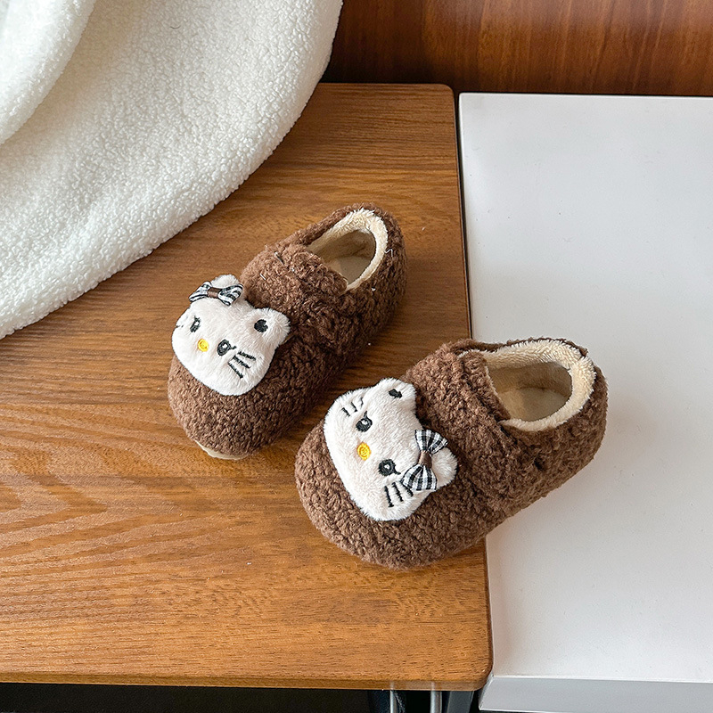 Detské topánky — Cartoon mačací vzor, plyšový štýl, zapínanie na suchý zips, vrchný materiál z ultra mäkkého velúru, gumová podrážka