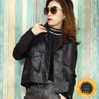 Dámska kožená bunda z umelej kože s podšívkou, ultra krátka dĺžka do 40 cm, golier Polo, bez rukávov, zmes Spandex, jar 2025