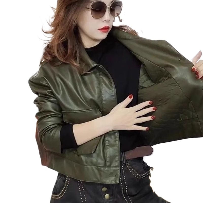 Dámska kožená bunda z umelej kože s podšívkou, ultra krátka dĺžka do 40 cm, golier Polo, bez rukávov, zmes Spandex, jar 2025