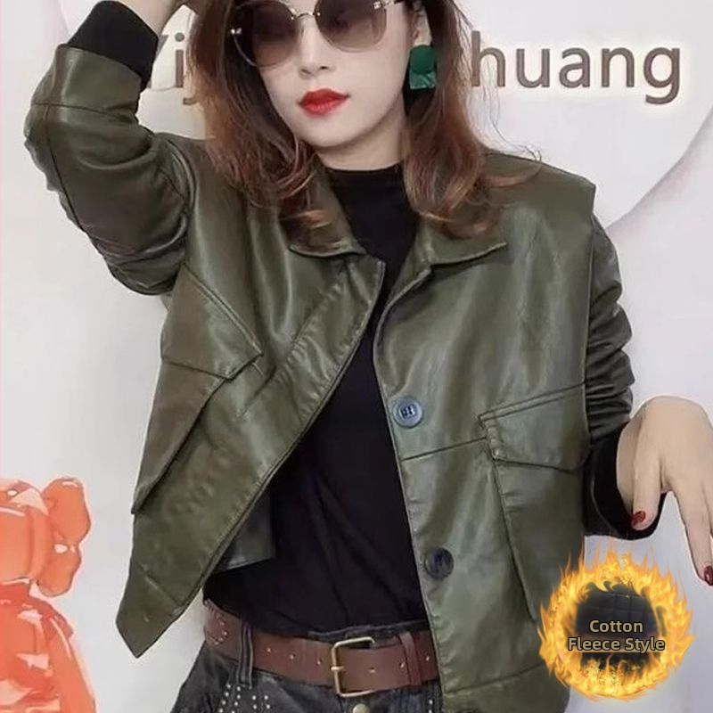 Dámska kožená bunda z umelej kože s podšívkou, ultra krátka dĺžka do 40 cm, golier Polo, bez rukávov, zmes Spandex, jar 2025