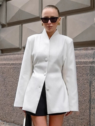 Dámske sako so stiahnutím v páse a stojatým golierom, dlhé rukávy, jednobordové zapínanie, polyesterová zmes, elegantný do práce