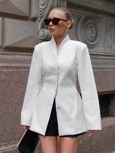 Dámske sako so stiahnutím v páse a stojatým golierom, dlhé rukávy, jednobordové zapínanie, polyesterová zmes, elegantný do práce