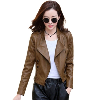 Dámska kožená krátka biker bunda, štíhly strih, stojací golier, zips