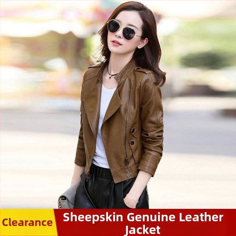 Dámska kožená krátka biker bunda, štíhly strih, stojací golier, zips