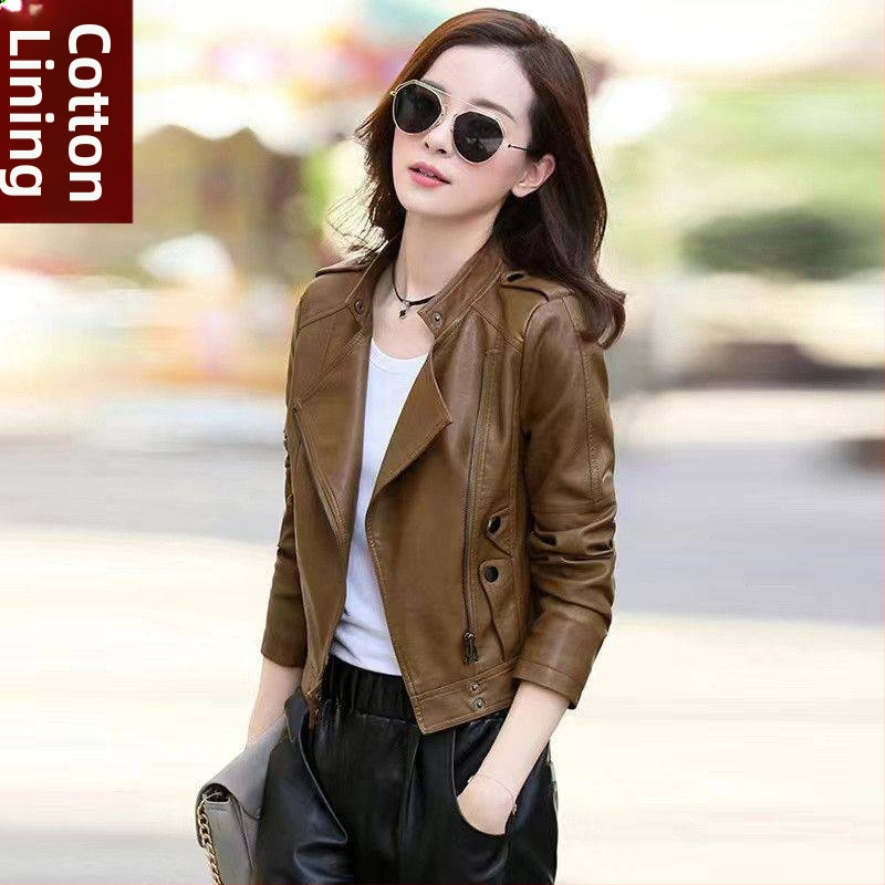 Dámska kožená krátka biker bunda, štíhly strih, stojací golier, zips