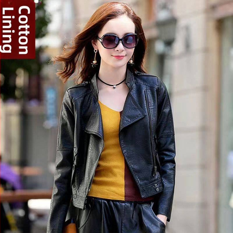 Dámska kožená krátka biker bunda, štíhly strih, stojací golier, zips