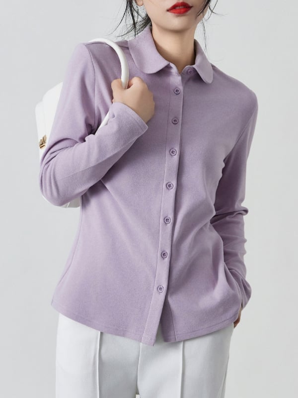 Štýlové tričko top s De Velvet flisom, zmes polyesteru a spandexu (90–95% polyesteru), jednobarevné, kardigán štýl, okrúhly výstrih.