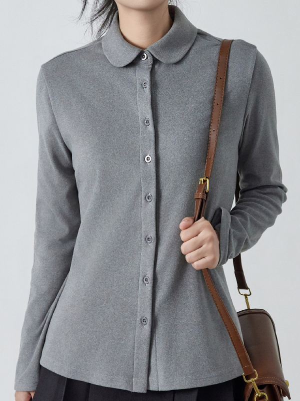 Štýlové tričko top s De Velvet flisom, zmes polyesteru a spandexu (90–95% polyesteru), jednobarevné, kardigán štýl, okrúhly výstrih.