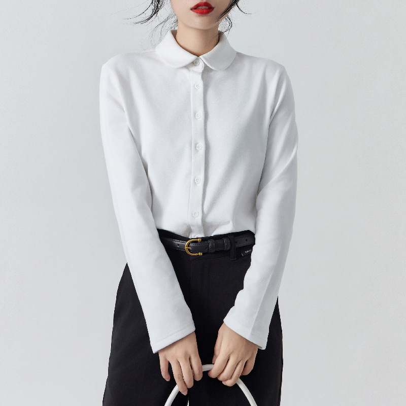 Štýlové tričko top s De Velvet flisom, zmes polyesteru a spandexu (90–95% polyesteru), jednobarevné, kardigán štýl, okrúhly výstrih.