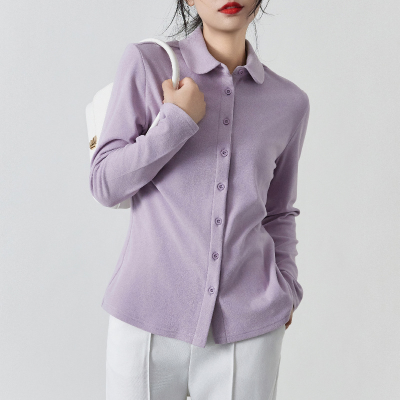 Štýlové tričko top s De Velvet flisom, zmes polyesteru a spandexu (90–95% polyesteru), jednobarevné, kardigán štýl, okrúhly výstrih.