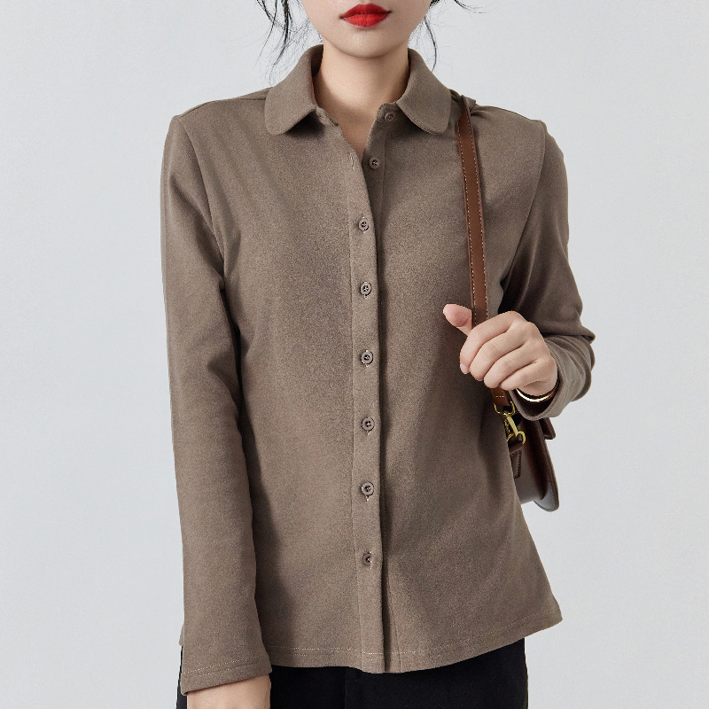 Štýlové tričko top s De Velvet flisom, zmes polyesteru a spandexu (90–95% polyesteru), jednobarevné, kardigán štýl, okrúhly výstrih.