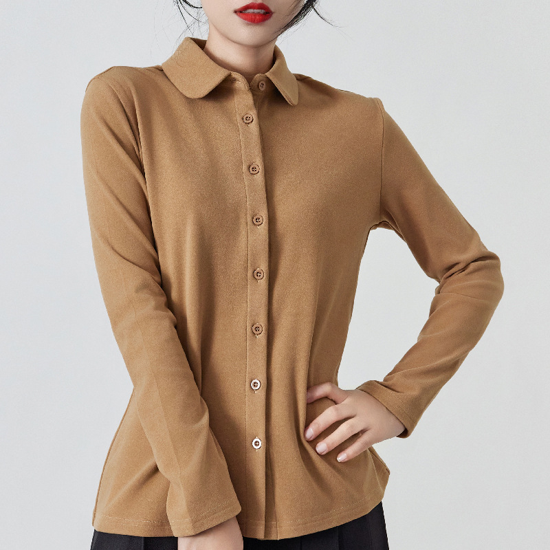 Štýlové tričko top s De Velvet flisom, zmes polyesteru a spandexu (90–95% polyesteru), jednobarevné, kardigán štýl, okrúhly výstrih.