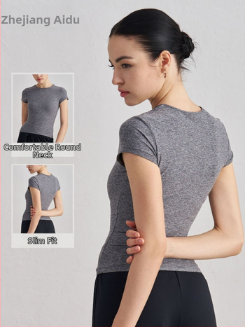 Dámske tričko na jogu a tréning s krátkymi rukávmi, priedušné, SNU tkanina, 91% nylon + 9% spandex, boková dĺžka, úzky strih