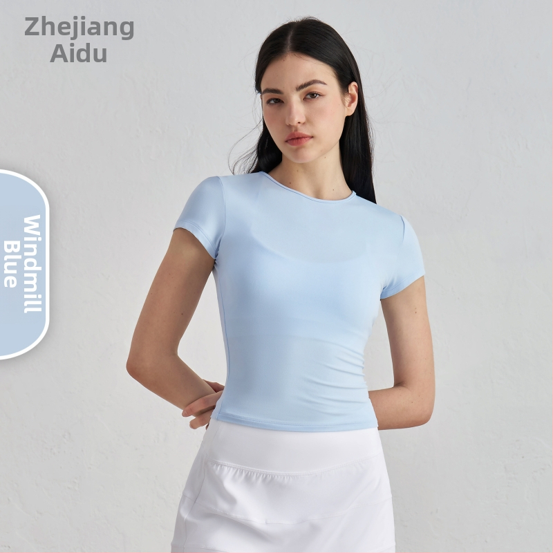 Dámske tričko na jogu a tréning s krátkymi rukávmi, priedušné, SNU tkanina, 91% nylon + 9% spandex, boková dĺžka, úzky strih