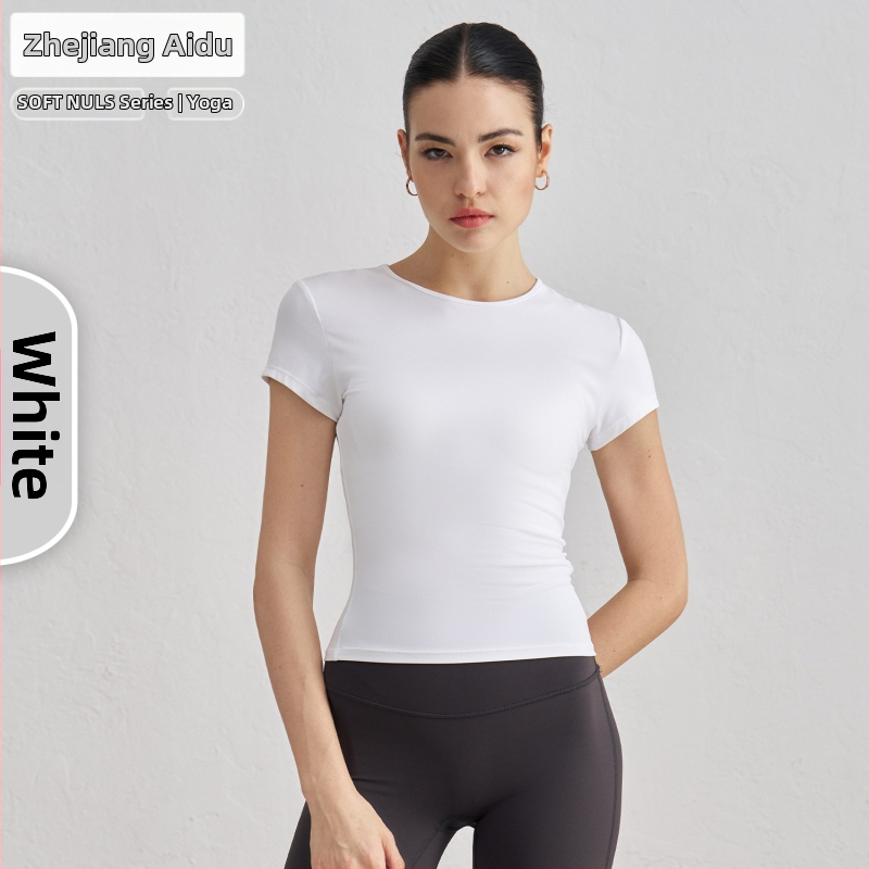 Dámske tričko na jogu a tréning s krátkymi rukávmi, priedušné, SNU tkanina, 91% nylon + 9% spandex, boková dĺžka, úzky strih