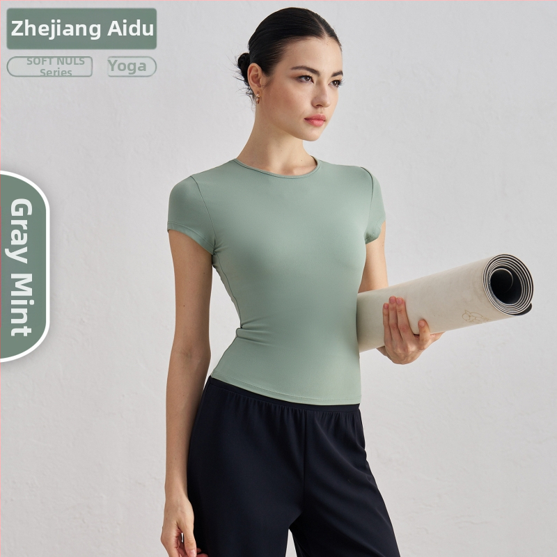 Dámske tričko na jogu a tréning s krátkymi rukávmi, priedušné, SNU tkanina, 91% nylon + 9% spandex, boková dĺžka, úzky strih